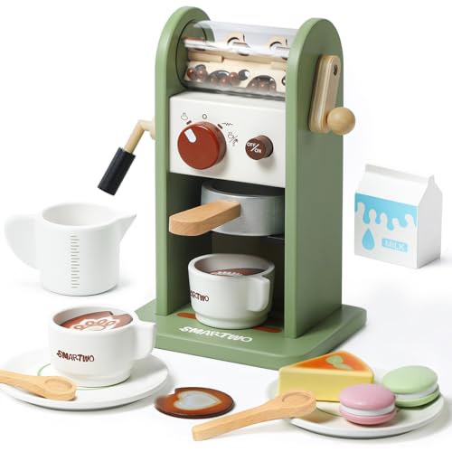 Smartwo Kids Wooden Coffee Maker ToyCoffee Machine Playset with GrinderPlay Coffee Making RoutineStimulates Imaginative Pretend Play and Life SkillsBirthday Gift for Toddler Boy Girl17pcs - Image 1