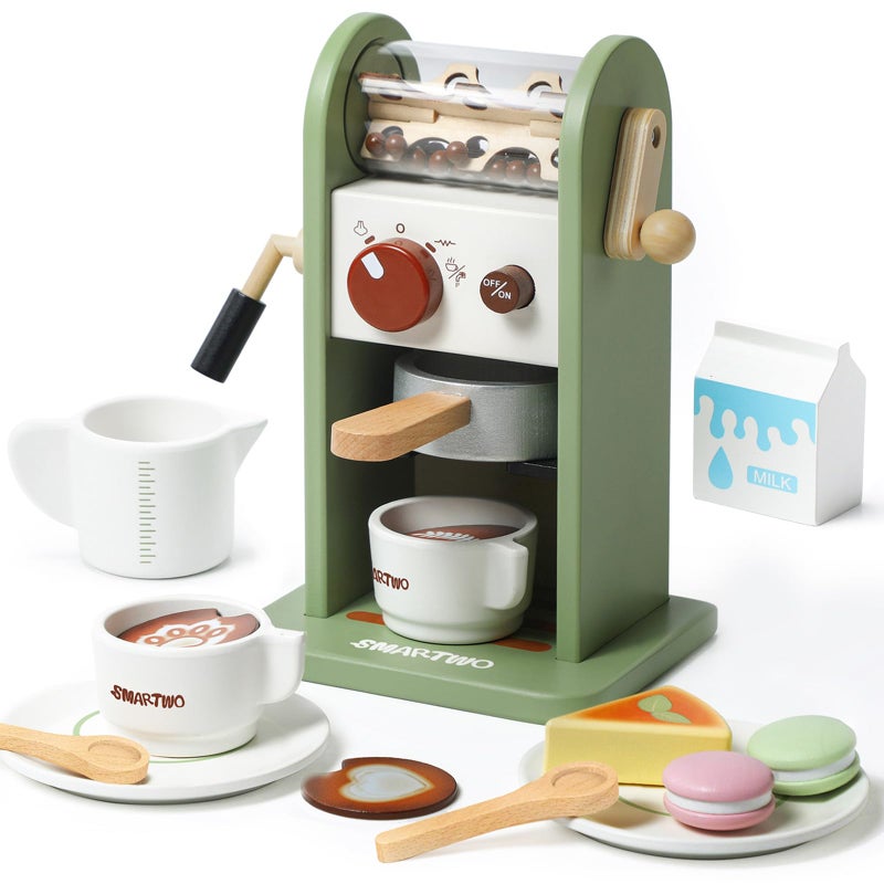 Smartwo Kids Wooden Coffee Maker ToyCoffee Machine Playset with GrinderPlay Coffee Making RoutineStimulates Imaginative Pretend Play and Life SkillsBirthday Gift for Toddler Boy Girl17pcs - Image 4
