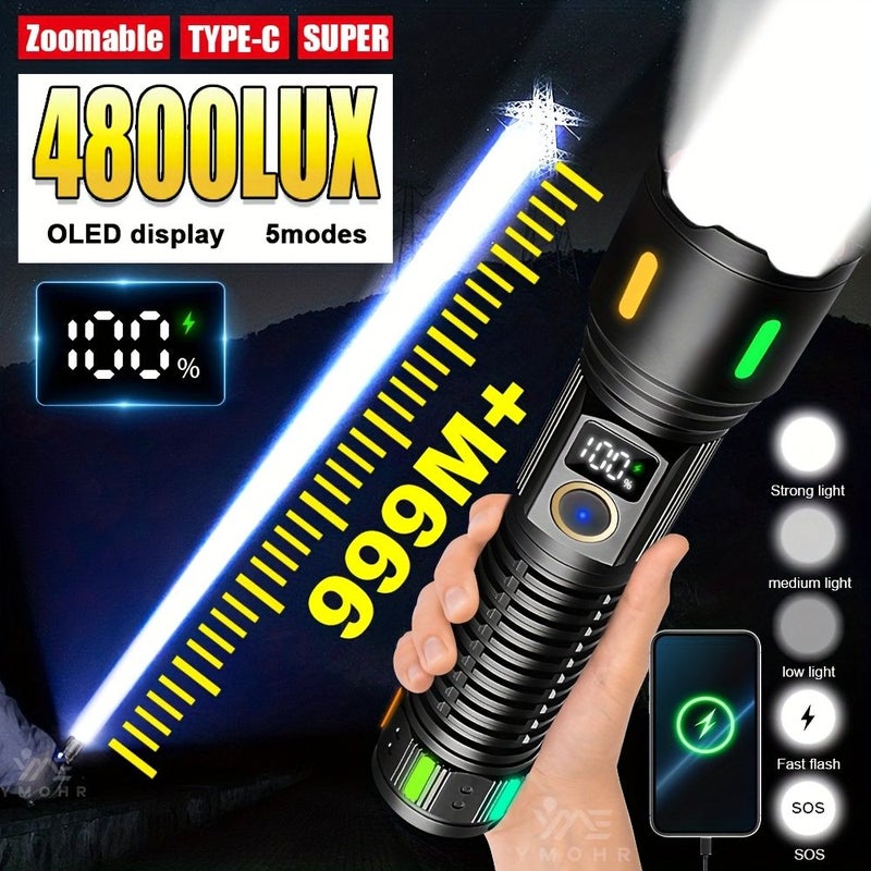 مصباح يدوي LED عالي الطاقة مع شاشة OLED وعدسة TIR قابل للشحن عبر Type-C ببطارية 26650 للطوارئ - Image 1