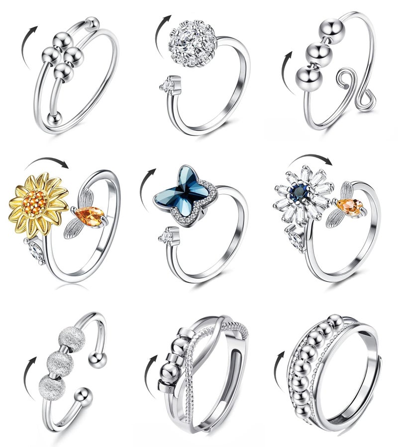 sailimue Anxiety Ring Fidget Ring for Women Men Spinner Fidget Rings for Anti Anxiety Adjustable Open CZ Flower Bead Stress Relieving Spinning Rotatable Rings 9 Pcs - Image 1