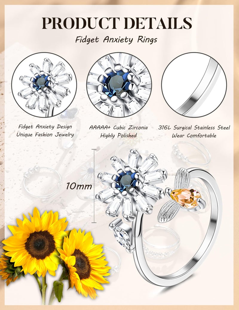 sailimue Anxiety Ring Fidget Ring for Women Men Spinner Fidget Rings for Anti Anxiety Adjustable Open CZ Flower Bead Stress Relieving Spinning Rotatable Rings 9 Pcs - Image 5