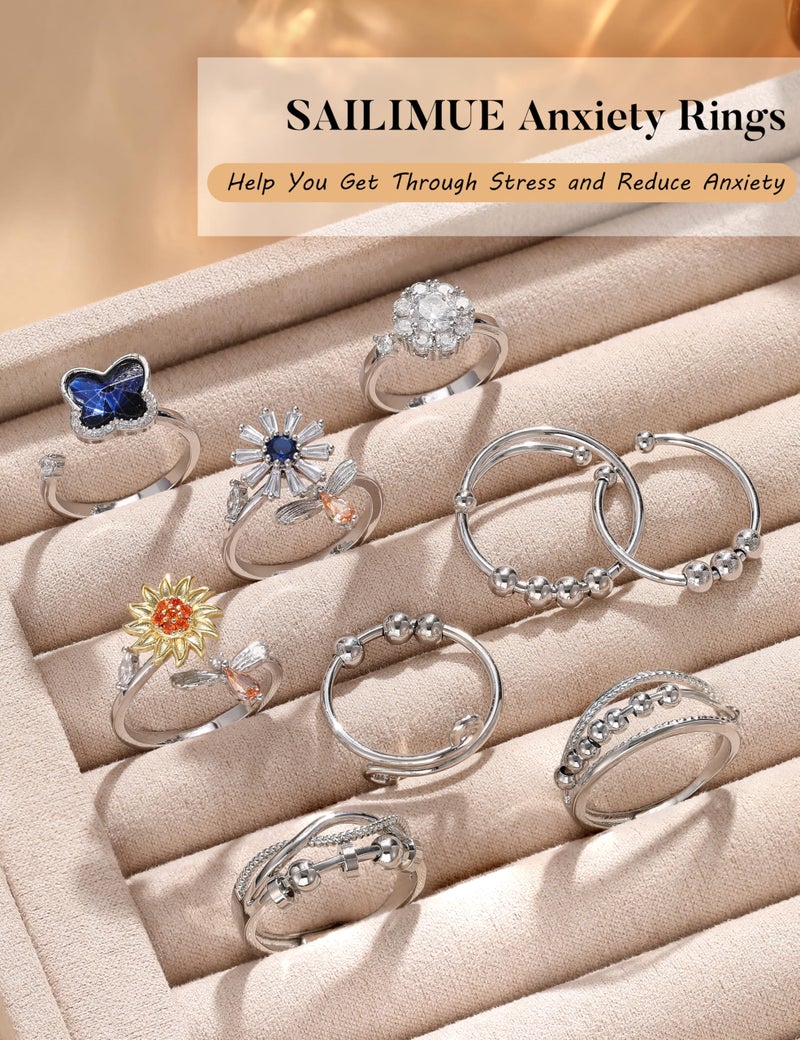 sailimue Anxiety Ring Fidget Ring for Women Men Spinner Fidget Rings for Anti Anxiety Adjustable Open CZ Flower Bead Stress Relieving Spinning Rotatable Rings 9 Pcs - Image 3