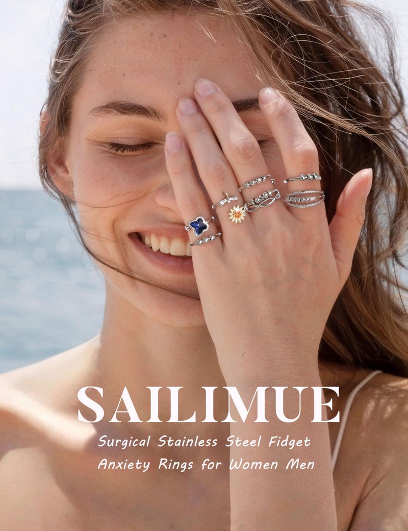sailimue Anxiety Ring Fidget Ring for Women Men Spinner Fidget Rings for Anti Anxiety Adjustable Open CZ Flower Bead Stress Relieving Spinning Rotatable Rings 9 Pcs - Image 2