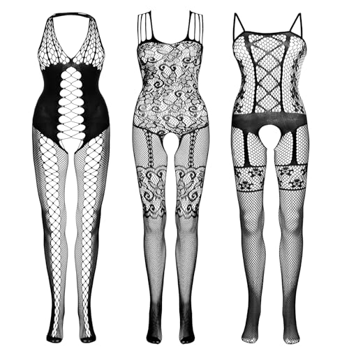 Fengek 3 Packs Women Fishnet Bodysuits Stockings Sleepwear Lingerie for Couple Dating Nightwear Black