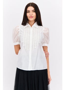 Women Spread Collar Short Sleeves Ruffle Shirt, White