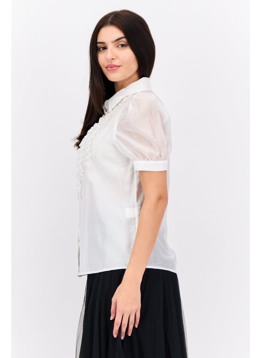 STEVE MADDEN - Women Spread Collar Short Sleeves Ruffle Shirt, White - Image 1