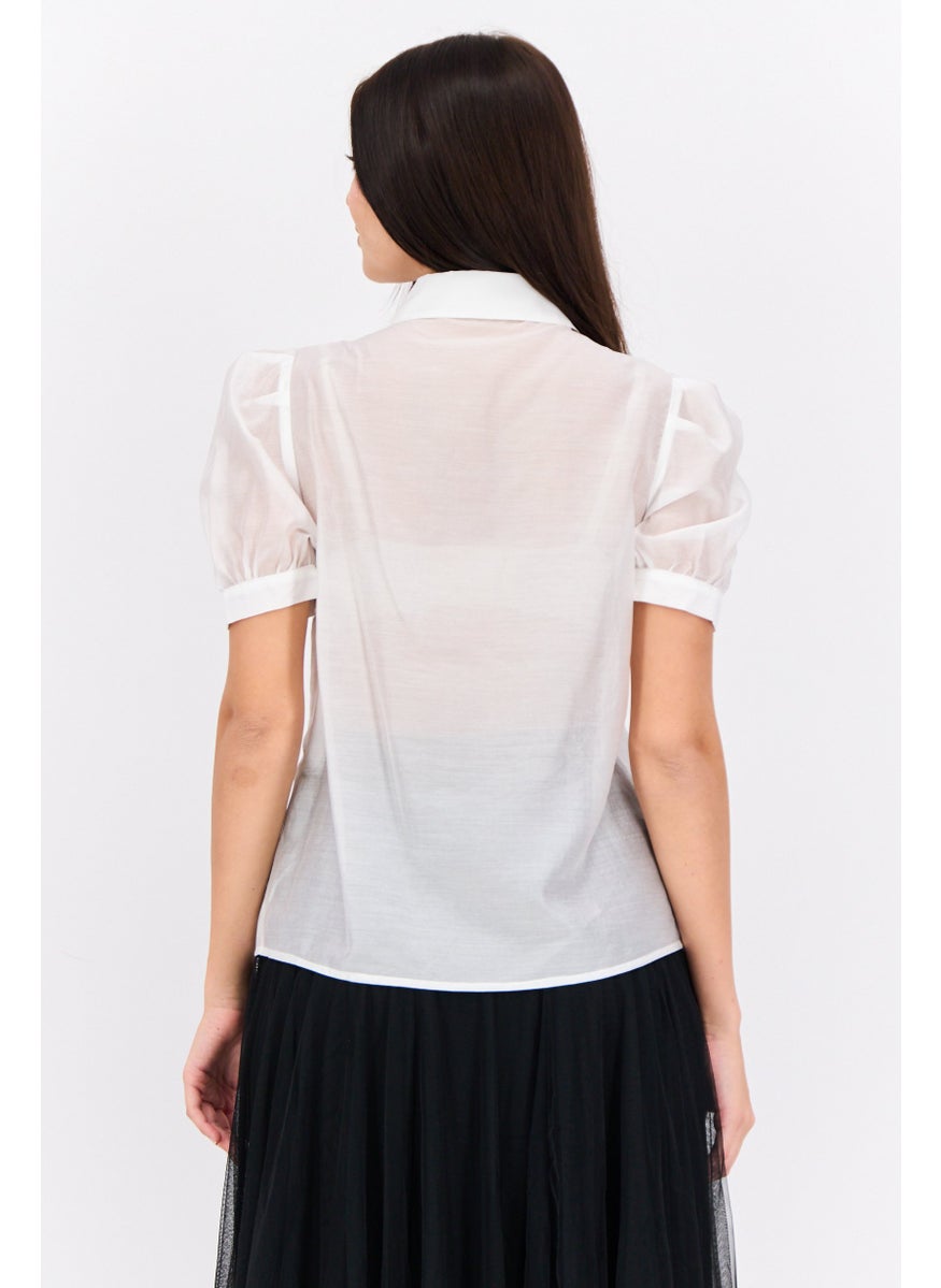 STEVE MADDEN - Women Spread Collar Short Sleeves Ruffle Shirt, White - Image 1