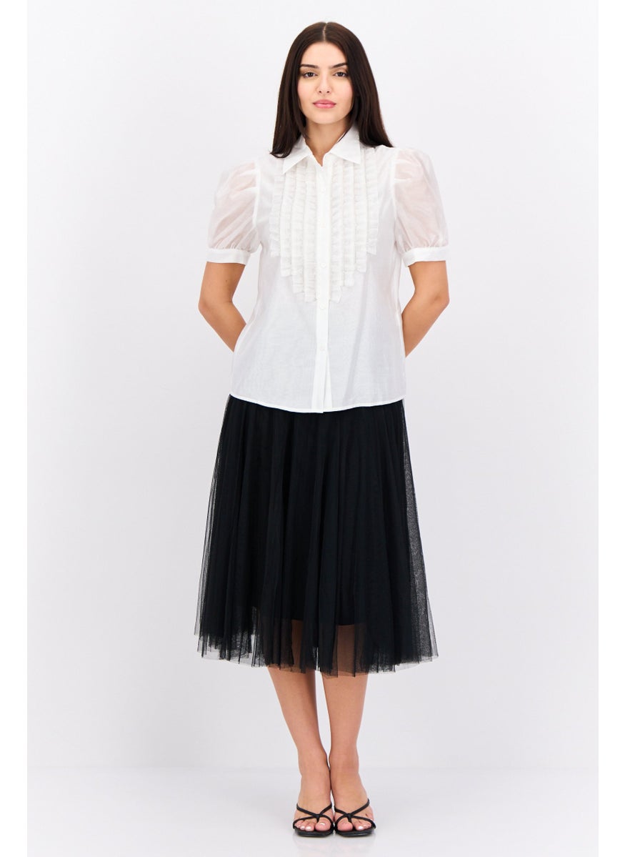 STEVE MADDEN - Women Spread Collar Short Sleeves Ruffle Shirt, White - Image 1