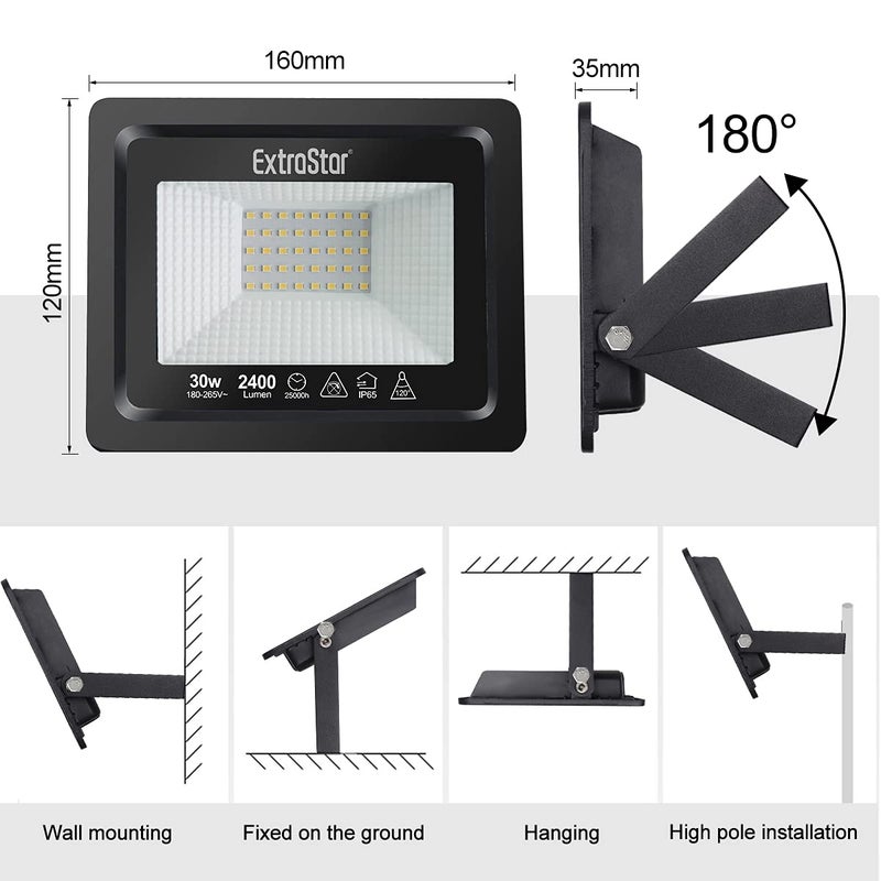 ExtraStar 30W LED Floodlight Outdoor, 2400LM Super Bright LED Security Lights, IP65 Waterproof Flood Light Wall Lights for Garden, Garage, Warehouse, Backyard and More - 3000K Warm White, 2 Pack - Image 2