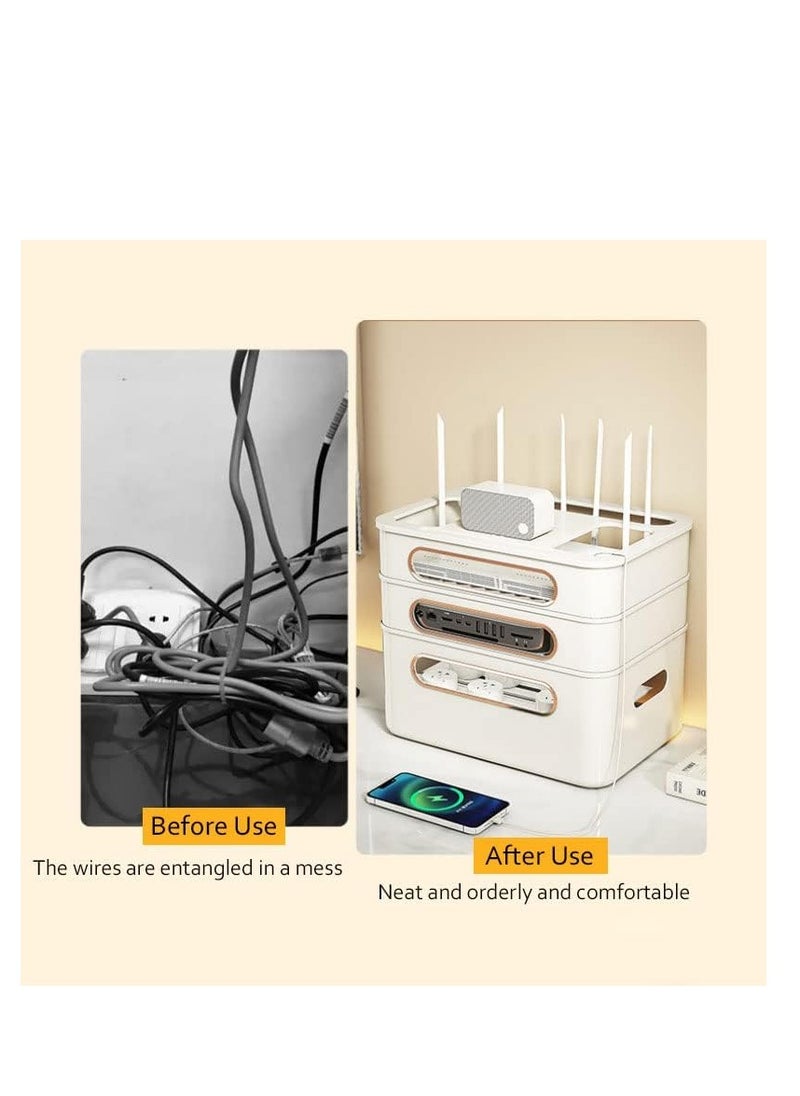 Cable Management Box, 3-Tier Wifi Wireless Router Dustproof Case, Set-Top Box STB Optical Modem Cover, Cord Socket Board Storage Container, Plastic Desktop Cable Organiser for TV Cabinet