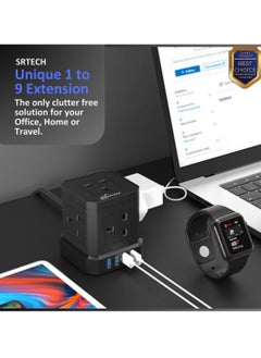 SRTECH SRTECH, Power Strip, 5-Way Plug extension Cord - Power Extension socket with multi Charging stations, Durable fused cord, Cube design, 1-Year warranty (1 USB-C + 3 USB-A)  - Image 2