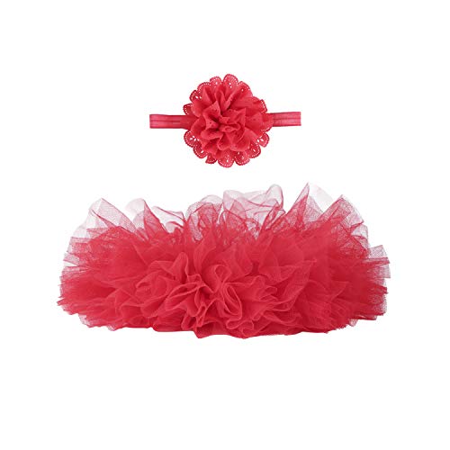 Angla 2pcs Flower Headband Tutu Skirt for Newborn Baby Girl Toddlers Infant 0-12 Months (Red) - Image 1