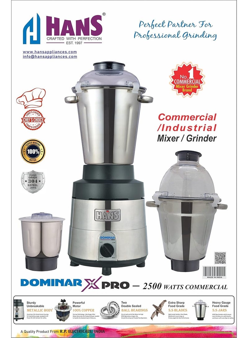 هانس HANS Dominar X Pro 2500 Watts 3.5 HP Commercial Mixer Grinder With 3 Jar Heavy Duty Black Grey - Image 3