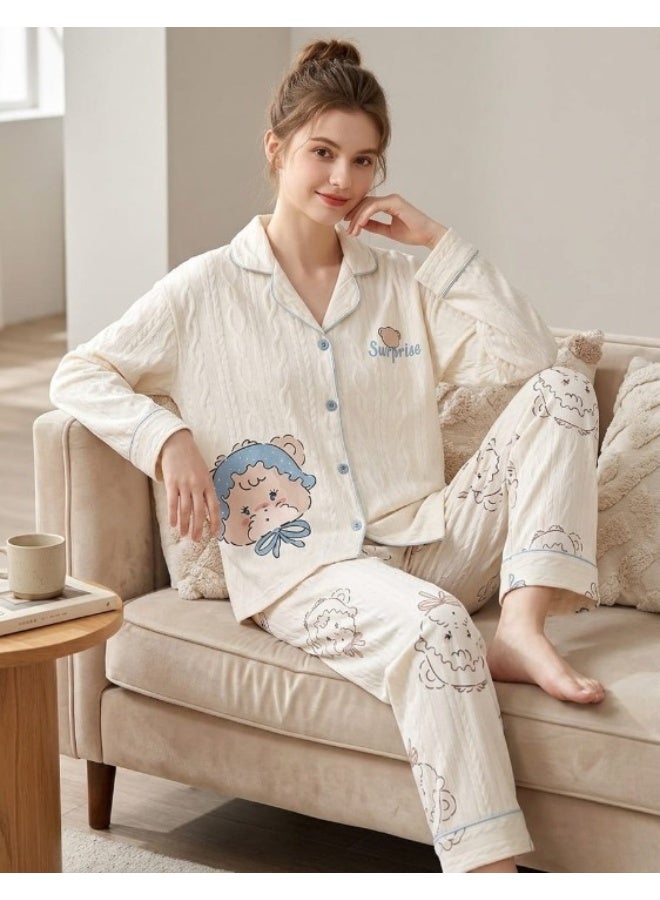 Women's summer pajamas, imported crepe fabric, with collar and buttons - two-piece set - Image 2