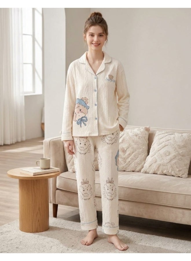 Women's summer pajamas, imported crepe fabric, with collar and buttons - two-piece set - Image 3
