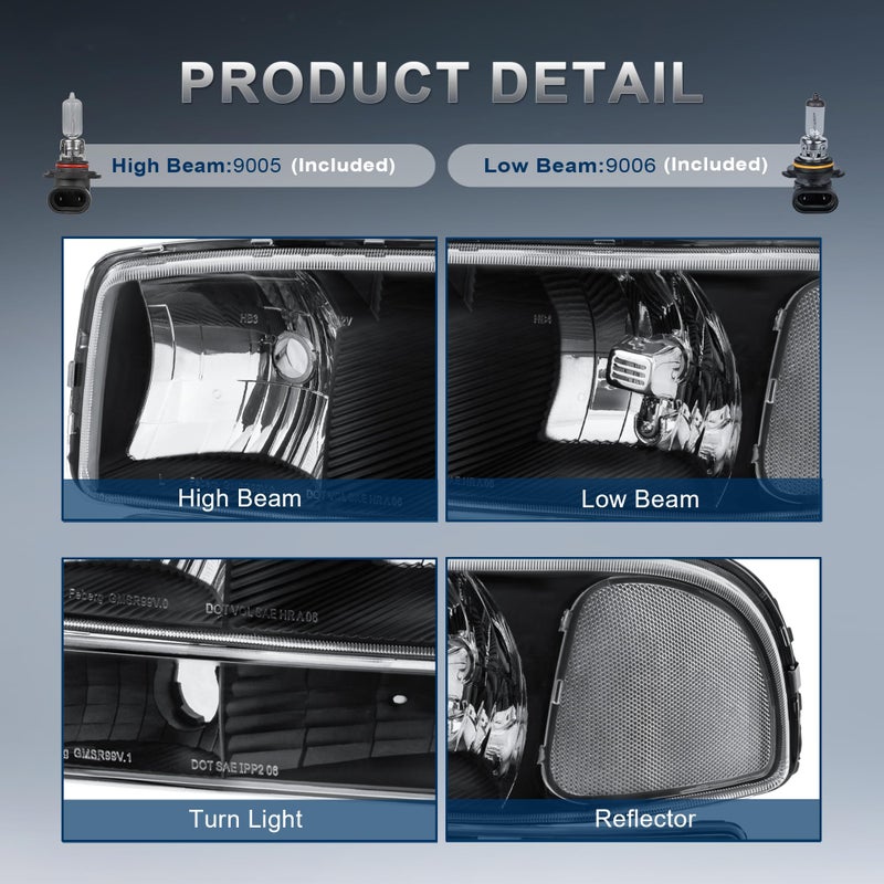 KUIPERAUTO Headlight Assembly Front Lamp Compatible with 1999-2006 GMC Sierra 1500 2500, 2000-2006 GMC Yukon Headlamp w/Bulb Black Housing/Clear Lens/Clear Corner - Image 4
