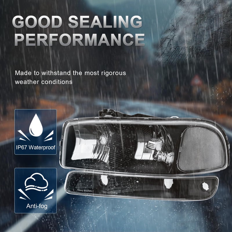 KUIPERAUTO Headlight Assembly Front Lamp Compatible with 1999-2006 GMC Sierra 1500 2500, 2000-2006 GMC Yukon Headlamp w/Bulb Black Housing/Clear Lens/Clear Corner - Image 2