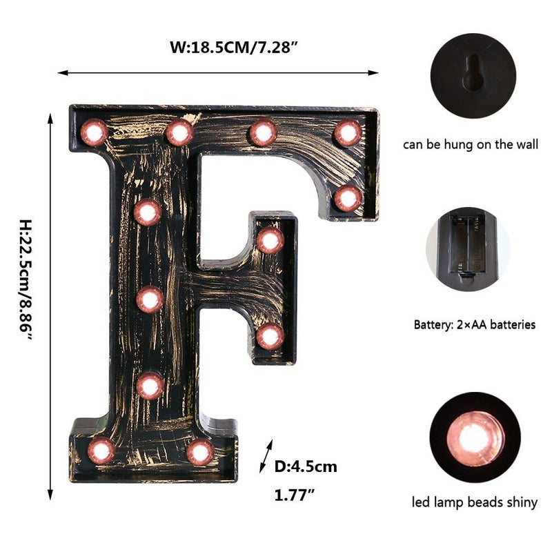 OYCBUZO Golden Black Led Marquee Letter - Industrial, Vintage Style Light Up Alphabet Letter Sign for Cafe Wedding Birthday Party Christmas Lamp Home Bar Initials Decor - F - Image 5