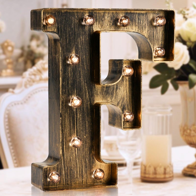 OYCBUZO Golden Black Led Marquee Letter - Industrial, Vintage Style Light Up Alphabet Letter Sign for Cafe Wedding Birthday Party Christmas Lamp Home Bar Initials Decor - F - Image 1