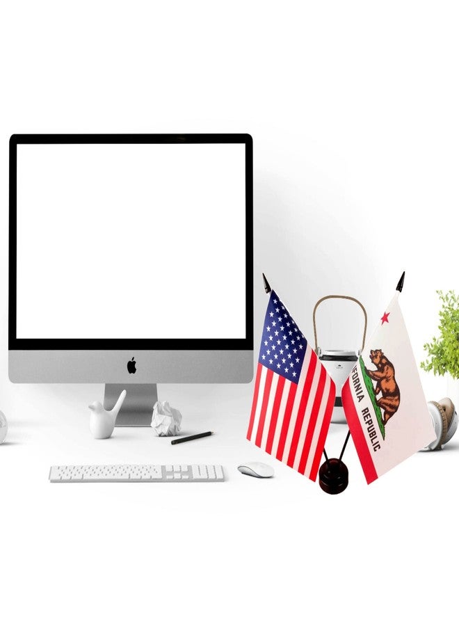 Zigvert America & California Twin Desk Flag, US California Table Flags, 8 x 5 Inches American & California Deluxe Desk Flag Set - Miniature USA & California Stick Flag with Flag Stand - Image 2