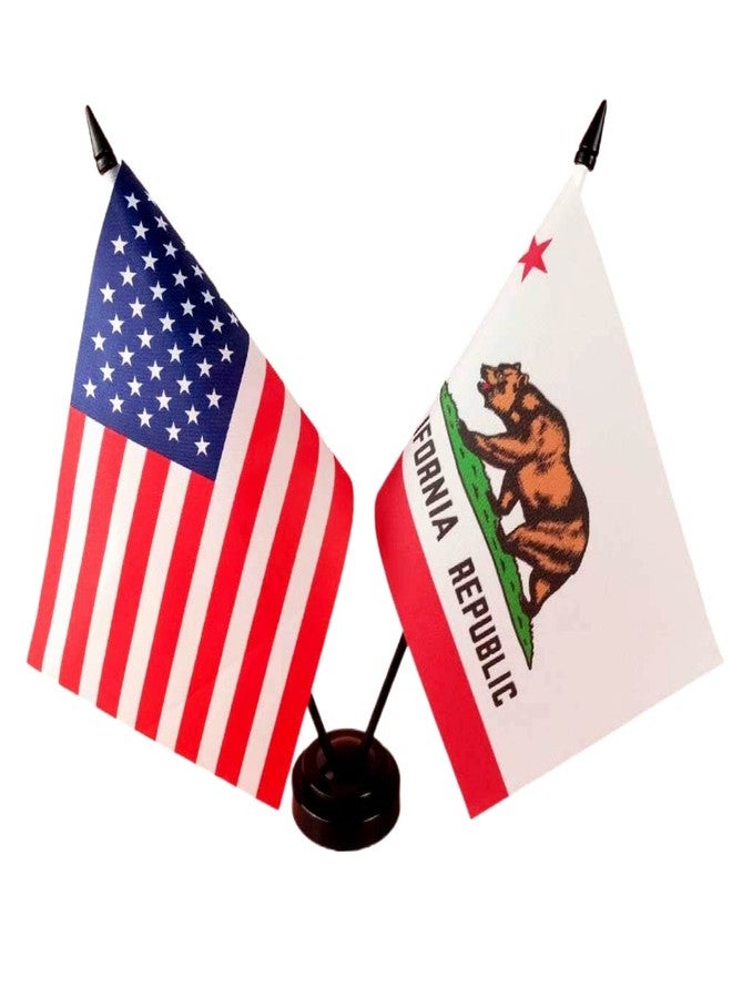 Zigvert America & California Twin Desk Flag, US California Table Flags, 8 x 5 Inches American & California Deluxe Desk Flag Set - Miniature USA & California Stick Flag with Flag Stand - Image 1
