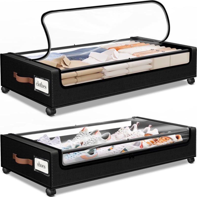 SpaceHacks Under Bed Storage with Wheels 2Pack Storage Containers with Clear WindowLabel Under Bed Drawers Rolling Under Bed Storage for ClothesShoes Blankets 3071 x 1693 x 669 in Black