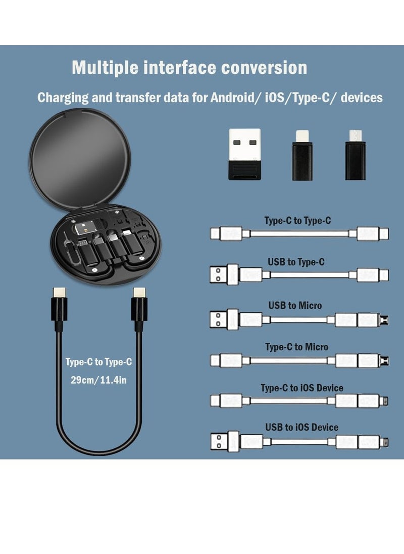USB Cable Conversion Storage Box USB Charging Adapter Cable Kit Conversion Set USB A & Type C to Male Micro/Type C/Lightning, Data Transfer, Card Storage, Tray Eject Pin, Phone Holder(Black)