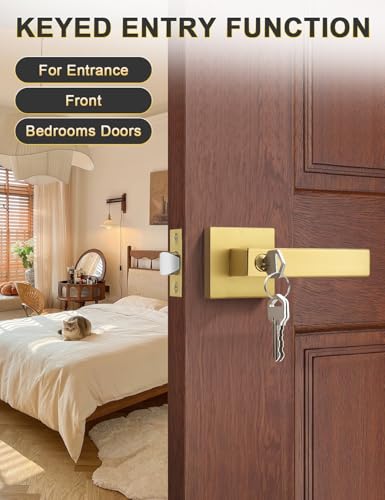 Tinewa 5 Pack Brushed Gold Entry Door Levers with Lock and Key, Satin Brass Keyed Alike Lockset Combo Pack, Entrance Door Handles for Office and Front Door, Door Knobs Lockset (Each with 3 Keys) - Image 2
