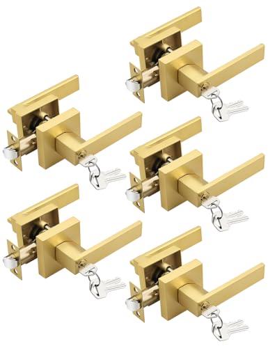 Tinewa 5 Pack Brushed Gold Entry Door Levers with Lock and Key, Satin Brass Keyed Alike Lockset Combo Pack, Entrance Door Handles for Office and Front Door, Door Knobs Lockset (Each with 3 Keys) - Image 1