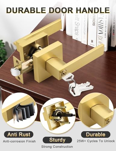 Tinewa 5 Pack Brushed Gold Entry Door Levers with Lock and Key, Satin Brass Keyed Alike Lockset Combo Pack, Entrance Door Handles for Office and Front Door, Door Knobs Lockset (Each with 3 Keys) - Image 4