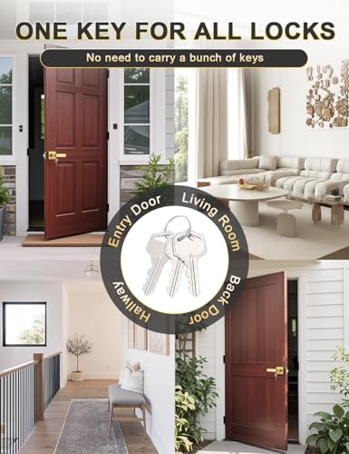 Tinewa 5 Pack Brushed Gold Entry Door Levers with Lock and Key, Satin Brass Keyed Alike Lockset Combo Pack, Entrance Door Handles for Office and Front Door, Door Knobs Lockset (Each with 3 Keys) - Image 3
