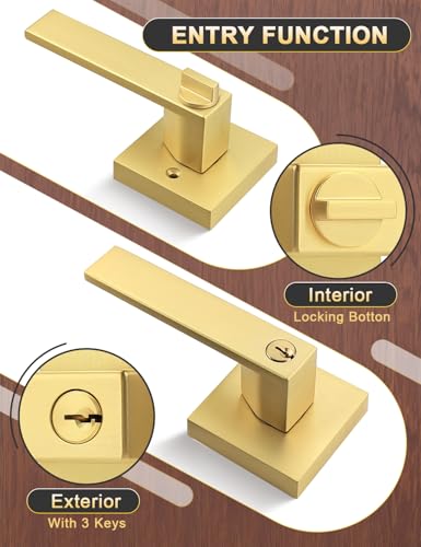 Tinewa 5 Pack Brushed Gold Entry Door Levers with Lock and Key, Satin Brass Keyed Alike Lockset Combo Pack, Entrance Door Handles for Office and Front Door, Door Knobs Lockset (Each with 3 Keys) - Image 5