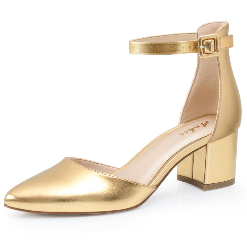 Ankis Closed Toe Heels for Women -Gold Pointed Toe Heels Low Block Chunky Women Pumps with Ankle Strap -2.25 Inch - Image 1