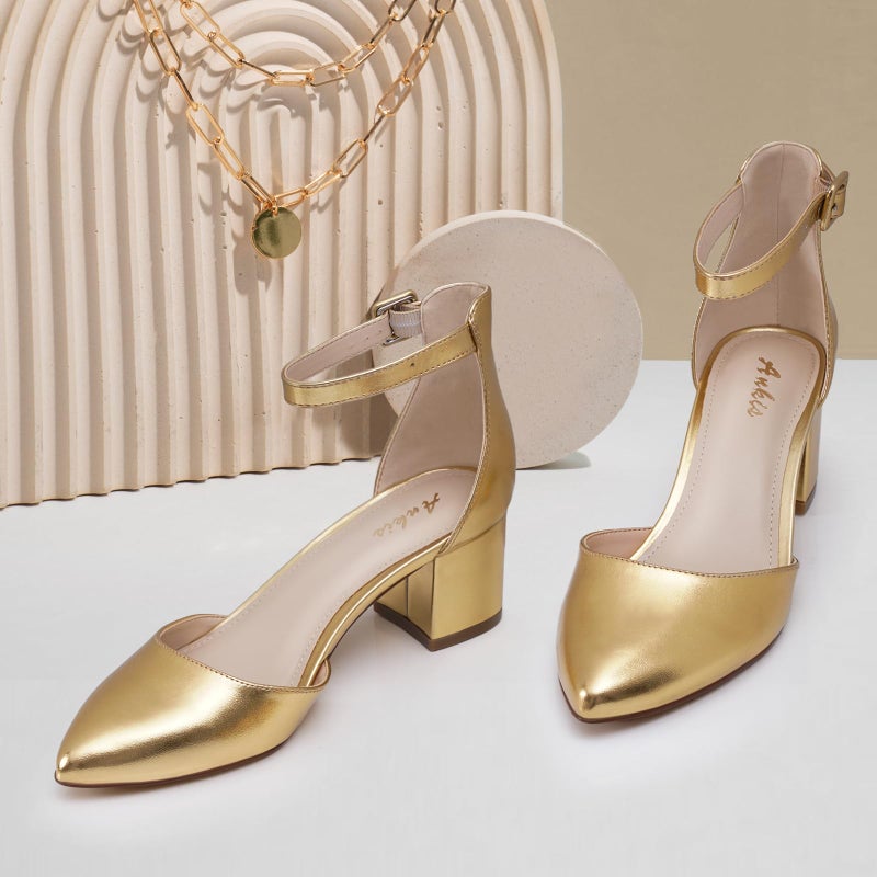 Ankis Closed Toe Heels for Women -Gold Pointed Toe Heels Low Block Chunky Women Pumps with Ankle Strap -2.25 Inch - Image 3