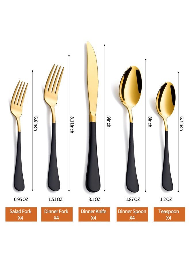 Lekoton 20 Piece Gold and Black 18/0 Flatware Utensil Set for 4, Include Dinner Knife,Dinner Forks,Dinner Spoons,Salad Forks,Teaspoons,Silverware Set for 4, Dishwasher Safe - Image 2