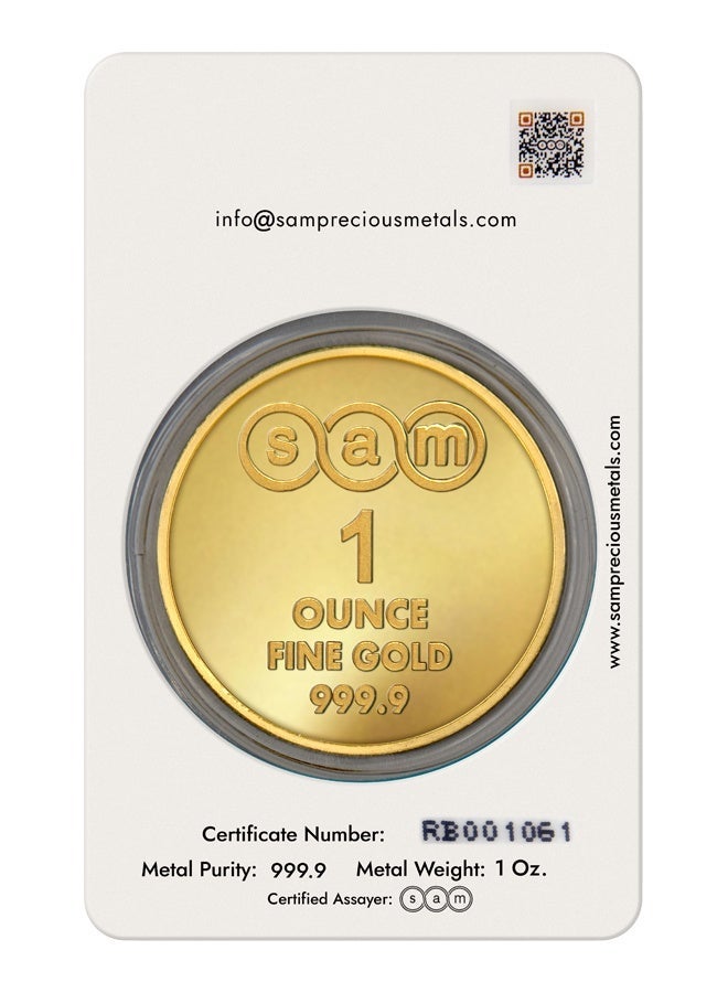 SAM Precious Metals SAM 24K 1 Ounce Gold Coin (999.9 Pure) – Certified Gold Coin with Assay Card & Serial Number – Gold Investment Coin for Savings, Gifting & Wealth Protection – Minted Gold Coin - Image 4