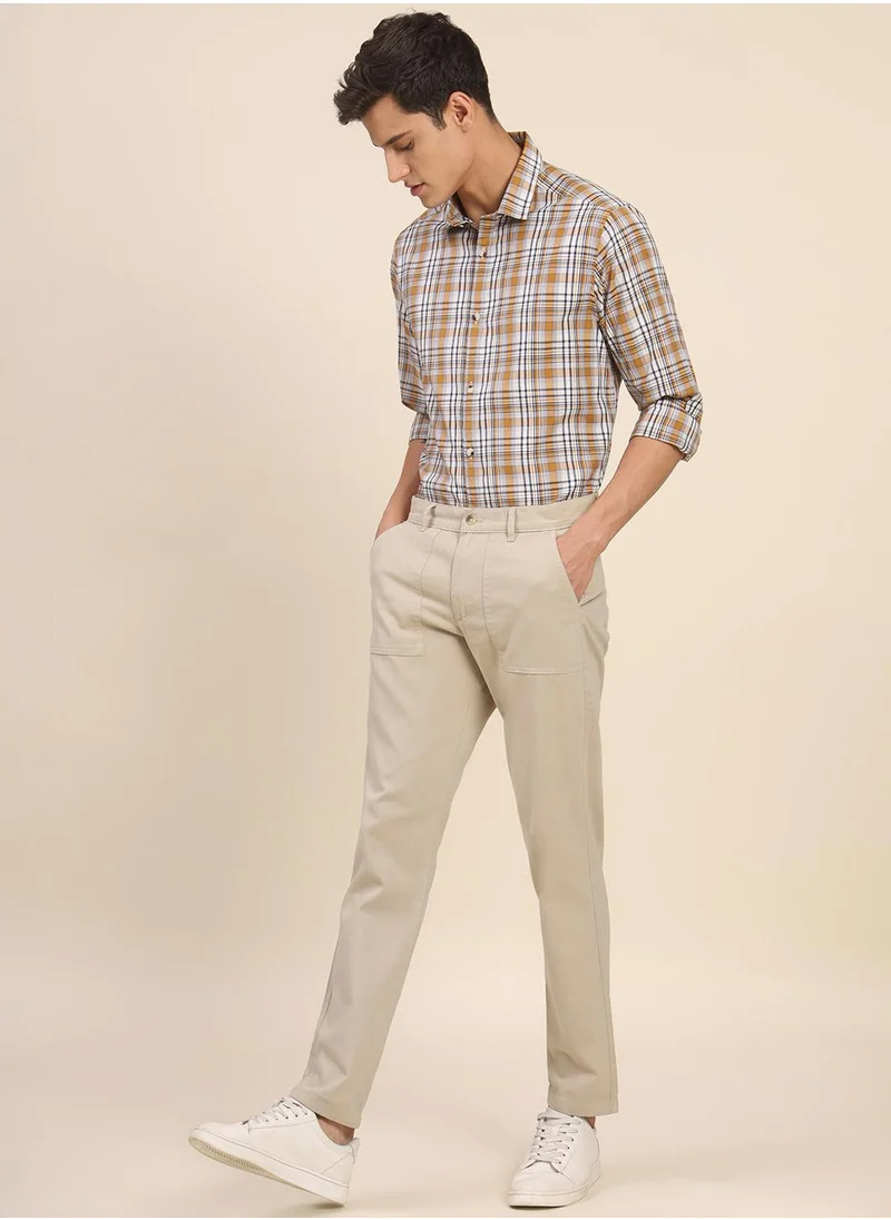 Dennis Lingo Men's Beige Cotton Blend Solid Full Length Chinos Tapered Fit Trouser