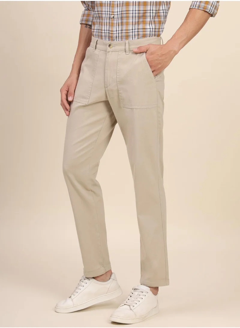 Dennis Lingo Men's Beige Cotton Blend Solid Full Length Chinos Tapered Fit Trouser