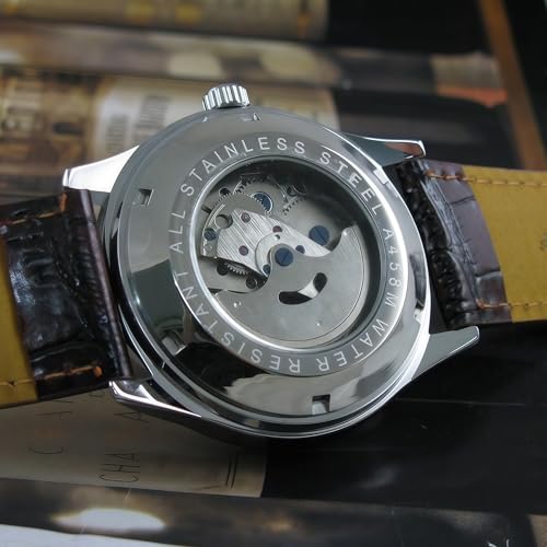 MASTOP Men's Classic Automatic Mechanical Day Calendar Luxury Leather Band Watch (Brown) - Image 4