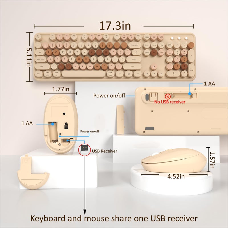 Links9+ Wireless Keyboard and Mouse, Full-Size Retro Typewriter Keyboard with Round Keycaps, 2.4GHz for Windows, Mac, Laptop, PC, Desktop (Milky Tea Colorful) - Image 4