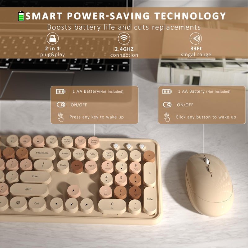 Links9+ Wireless Keyboard and Mouse, Full-Size Retro Typewriter Keyboard with Round Keycaps, 2.4GHz for Windows, Mac, Laptop, PC, Desktop (Milky Tea Colorful) - Image 5