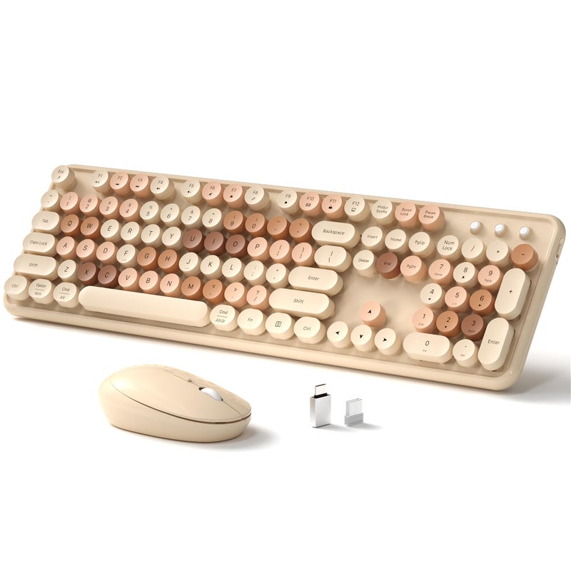 Links9+ Wireless Keyboard and Mouse, Full-Size Retro Typewriter Keyboard with Round Keycaps, 2.4GHz for Windows, Mac, Laptop, PC, Desktop (Milky Tea Colorful) - Image 1
