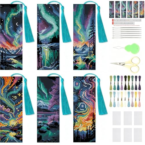 NEGEKFKX 6 Pcs Starry Sky Cross Stitch Bookmark Kit for Adult Beginners,Aurora Cross Stitch Kits 14 CT DIY Crossstitch Kits Adult Stamped Bookmark Embroidery Bookmarks Kit - Image 1