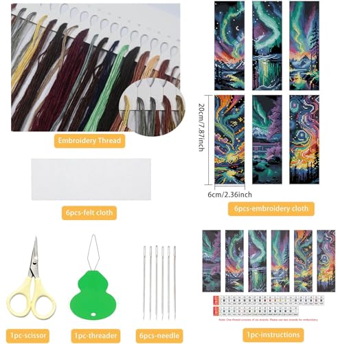 NEGEKFKX 6 Pcs Starry Sky Cross Stitch Bookmark Kit for Adult Beginners,Aurora Cross Stitch Kits 14 CT DIY Crossstitch Kits Adult Stamped Bookmark Embroidery Bookmarks Kit - Image 2