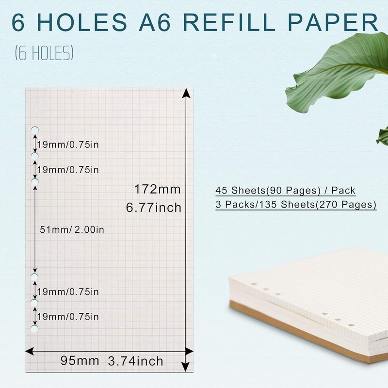 Toplive A6 Refill Paper, [3 Pack] 100GSM Thick Refillable Paper 6 Hole Filler Inserts Loose Leaf Paper 135 Sheets (270 Pages) for 6 Ring Binder Journal Notebook-Squared Paper - Image 2