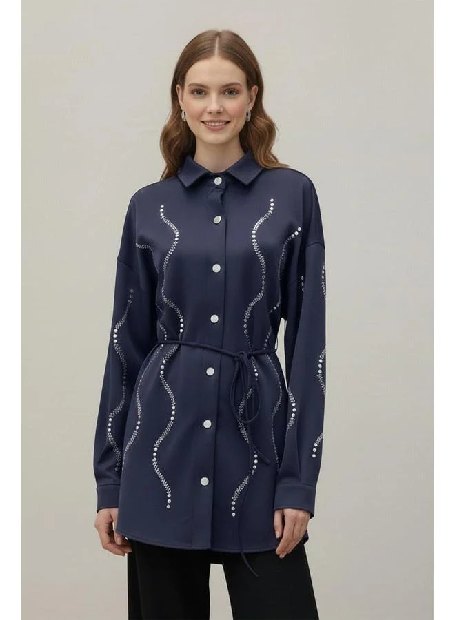 Loreen Women's Stone Detailed Scuba Shirt - 20704GML - NAVY.