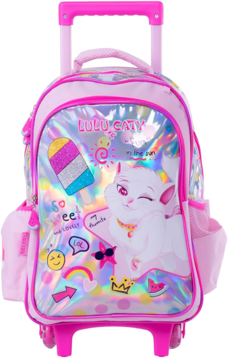 LULU CATY School Trolley Bag For Girls With Pencil Case, 16-Inch Size, Pink - Image 1