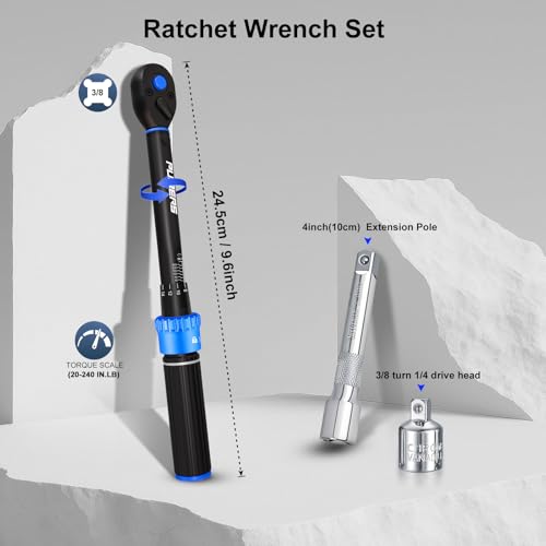 PUIBERS 38 Drive Inch Pound Torque Wrench 20240 inlb 3 Accuracy DualDirection 72Tooth Small Torque Wrench Set with Extension Bar 38 Adapter for Bike Motorcycle Car Maintenance - Image 3
