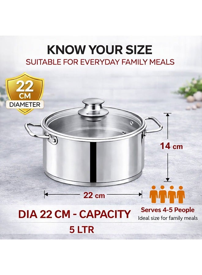 SONEX Mega Super Pot, 22 cm (5 Ltr) Stainless Steel Cooking Pot/Casserole – Durable Handles, Glass Lid, Sandwich Bottom for Even Heating, Sleek Modern Design for Efficient and Stylish Cooking - Image 2