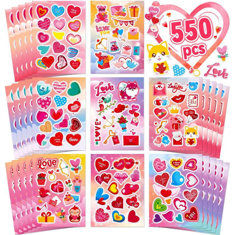 Greingways 550PCS Valentines Day Stickers 40 Sheet Heart Stickers Valentine Crafts Make Your Own Sticker Valentines Gifts for Kids Classroom Cards Goodie Bags Valentine Party Favors Love Sticker for Kids - Image 2